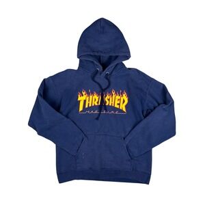 Y2K Thrasher Hoodie Men's S Navy Blue Flame Logo Pullover Skateboard Style‎